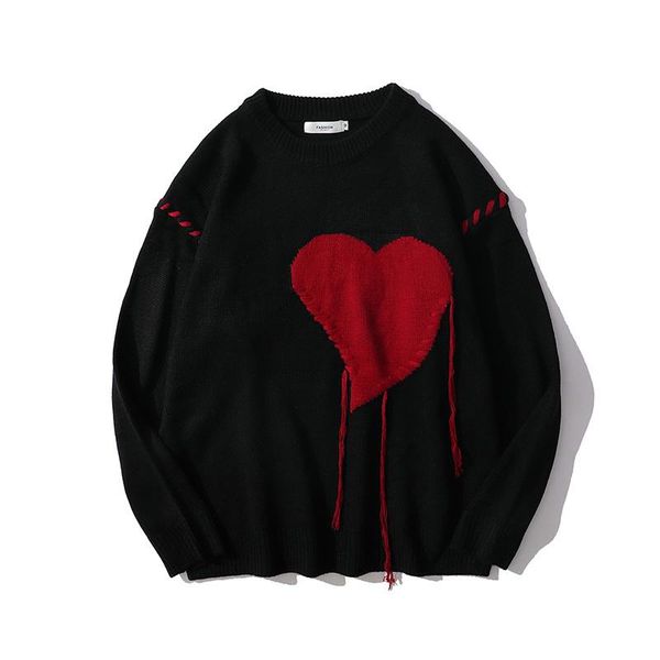 

men's sweaters sweetheart shape embroidery tassel letter crew neck mens knit pullover retro japanese streetwear oversize casual, White;black
