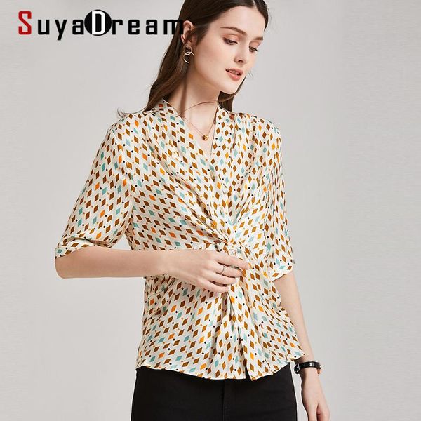 

women's blouses & shirts suyadream woman print silk satin short sleeves v neck chic office lady blouse shirt 2021 spring summer top, White