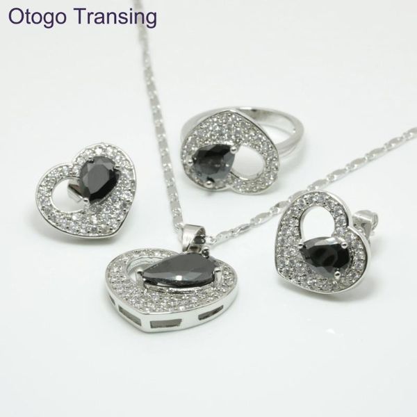 

earrings & necklace otogo transing 925 sterling silver color black crystal heart ring pendant jewelry sets for women made s210