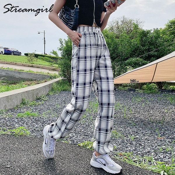 

women's pants & capris plaid women summer 2021 high waist loose wide straight leg for casual blue trousers female, Black;white