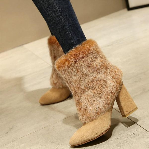 

boots women genuine leather chunky high heels snow female round toe winter warm fur pumps shoes casual, Black