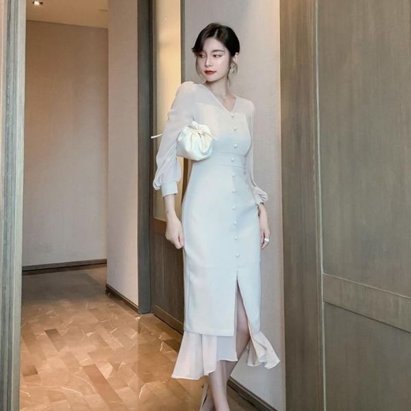 

women 2021 spring autumn vintage solid color mermaid dress female elegant long sleeve midi vestidos casual slim dresses f100, Black;gray