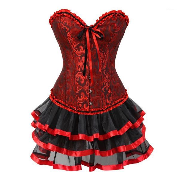 

bustiers & corsets vintage corset dresse lace up overbust with mini tutu skirt set red showgirls clubwear plus size, Black;white