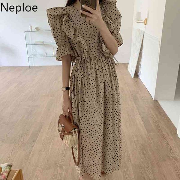

neploe summer dress women ruffles chiffon short sleeve robe polka dot fashion v neck vintage dresses temperament vestidos mujer 210422, Black;gray