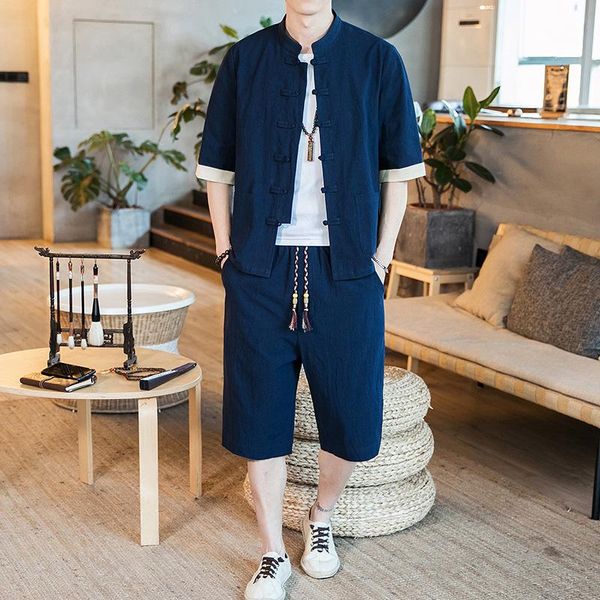 

men's tracksuits l style chinese-style summer cotton linen set retro youth frog cardigan cuff mixed colors two-piece, Gray