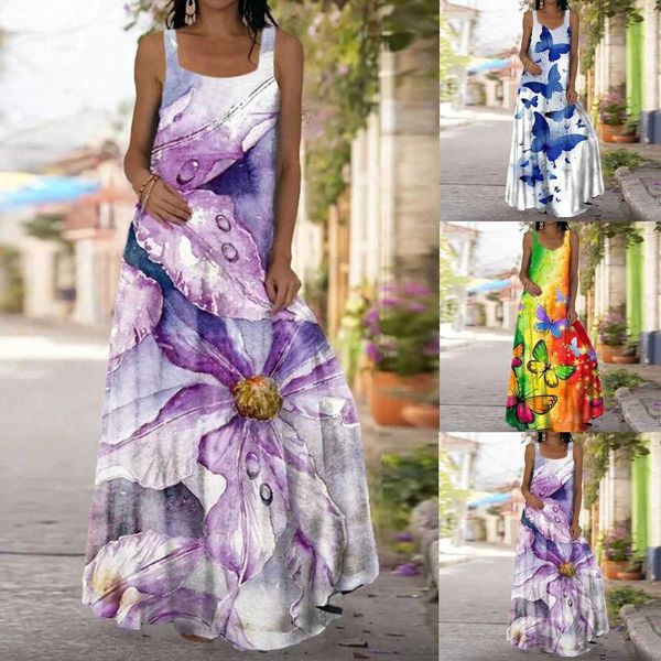 

casual dresses women tropical floral butterfly print halter backless maxi dress sleeveless beach off shoulder wear, Black;gray