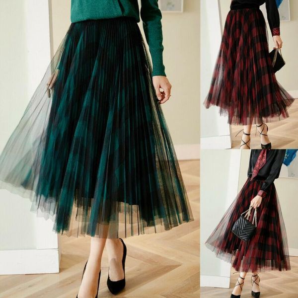 

tulle mesh elastic womens skirts high waist layers pleated long dress, Black