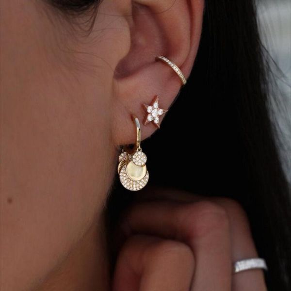 

hoop & huggie with round charm earring for women european fashion jewelry micro pave cz disco dots charming earrings, Golden;silver