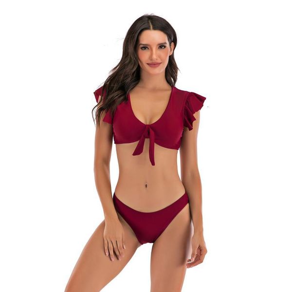 

women's swimwear ruffled hem bikini set women v-neck high-waisted solid color two piece swimsuit girl beach bathing suit biquinis oqlk, White;black