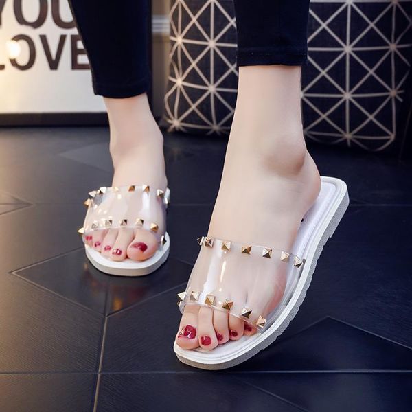 

slippers 2021 brand women slipper ladies plus size slides summer beach transparent rivets flip flops outdoor flat, Black