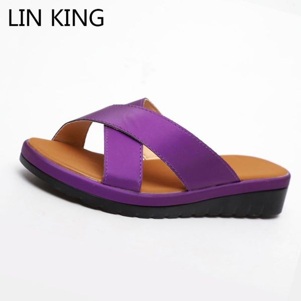 

slippers lin king fashion pu leather for women big size summer wedges shoes non slip woman platform female casual slides, Black
