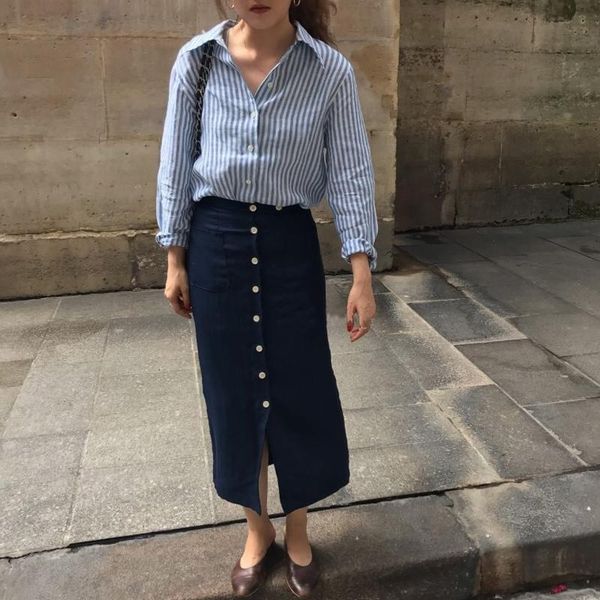 

skirts women summer high waist cotton linen pencil skirt dark blue single breasted faldas mujer moda 2021 vintage jupe longue femme, Black