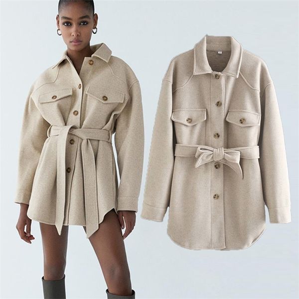 

winter woolen coat women classic overcoat sashes thick elegant long ol jackets streetwear 210422, Black