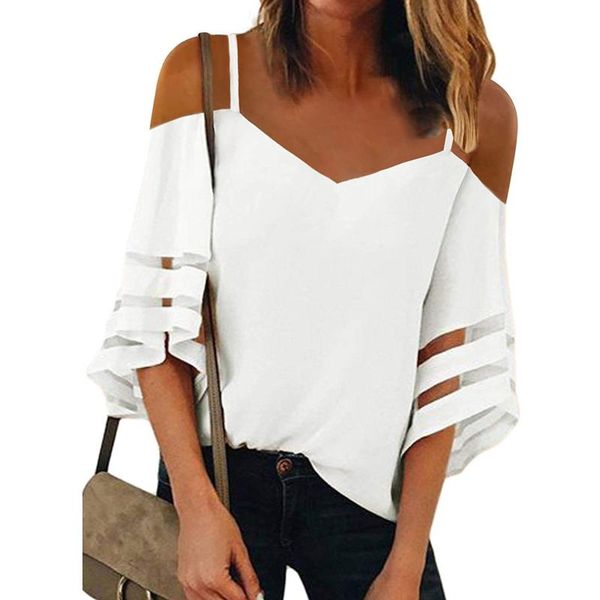

women plus size ladies 3/4 flared sleeves v-neck solid color strapless sling loose t-shirt tee off shoulder pullover women's, White