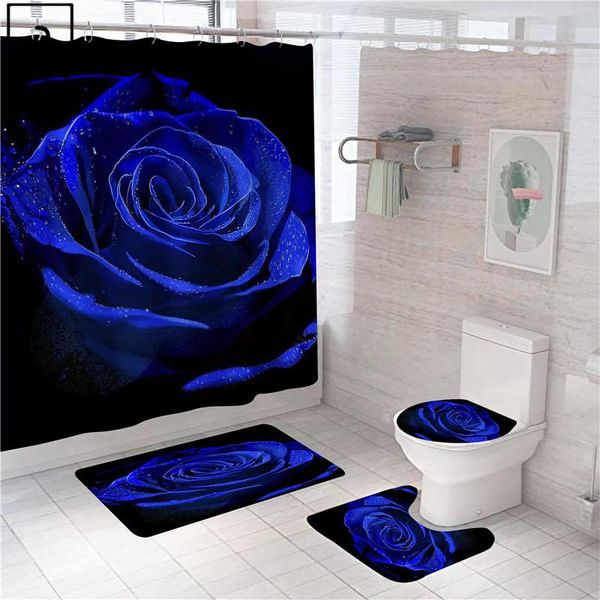 

shower curtains elegant blue rose women curtain raindrop polyester bath rugs toilet lid cover anti-slip mat set home wc accessories