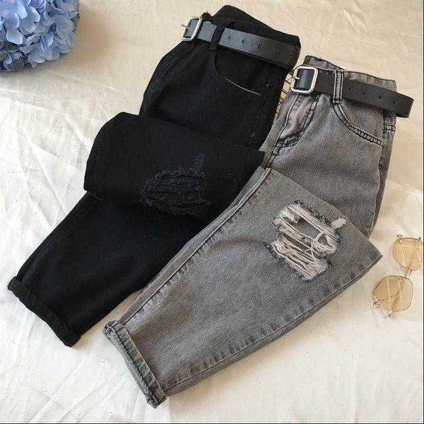 

retro streetwear straight hole women jean denim ripped loose casual harem pants black high waist femme, Blue