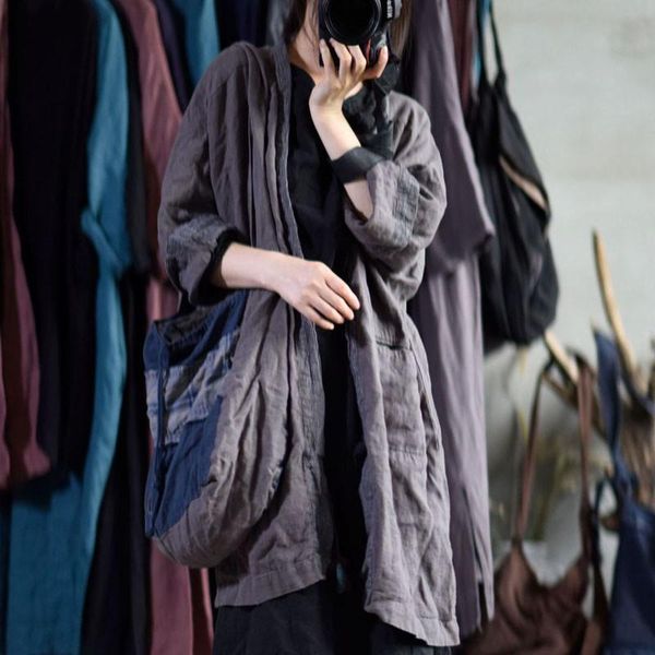 

women's jackets johnature retro patchwork cotton linen comfortable long sleeve cardigan coats autumn new leisure all-match women n, Black;brown