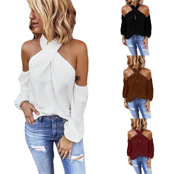 

women's blouses & shirts female cold shoulder pure color long sleeves loose casual plus size wear women halter collar summer jumpe, White