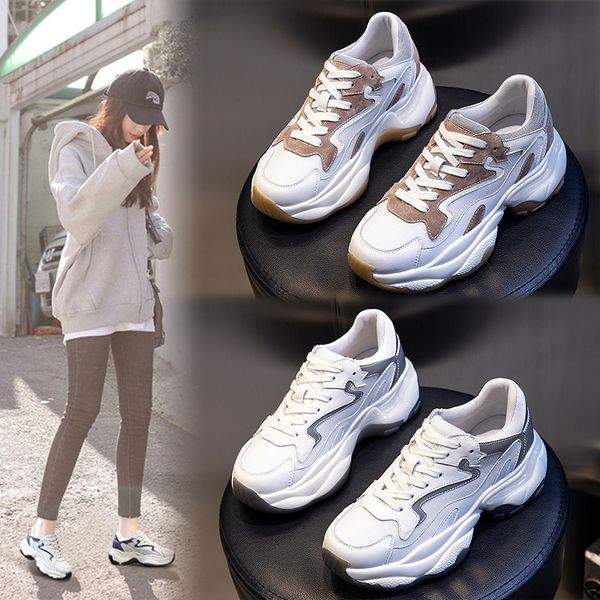 

film absorbing outsole dad shoes women's 2021 autumn leisure thick soled sports versatile shallow mouth leather, Black;white
