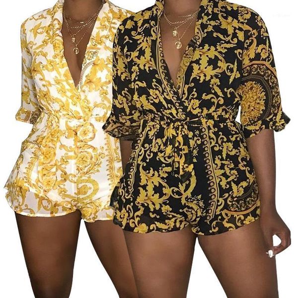 

ethnic style vintage print fashion women playsuits long sleeve deep v neck high waist street hipsters outfits wholesale women's shor sh, White;black