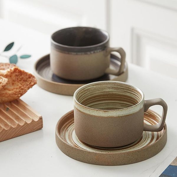 

cups & saucers creative japanese-style coarse pottery coffee cup ceramic with saucer mug couple