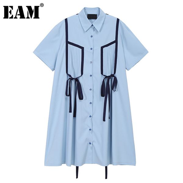 

[eam] women blue spliced ribbon pleated shirt dress lapel short sleeve loose fit fashion spring summer 1dd8556 21512, Black;gray