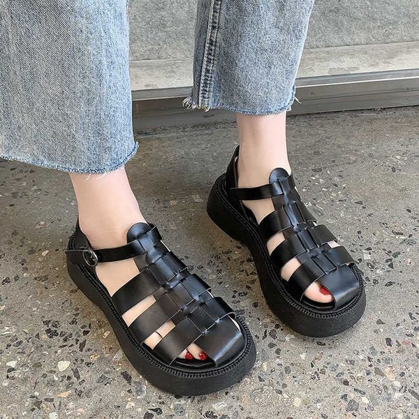 

woman summer vintage wedge sandals buckle casual sewing women shoes female ladies platform retro sandalias plus size 35-40 210611, Black