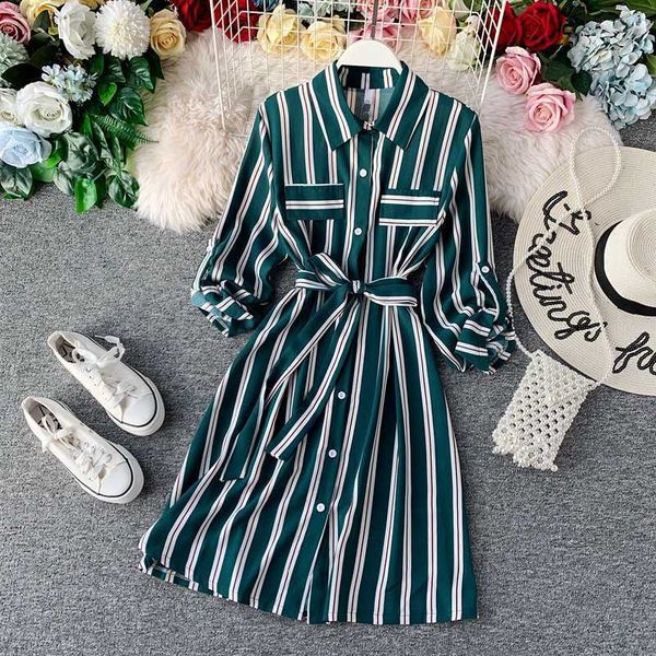 

women summer striped dress streetwear a-line empire long sleeve knee-length green dresses with sashes frocks for women 210625, Black;gray