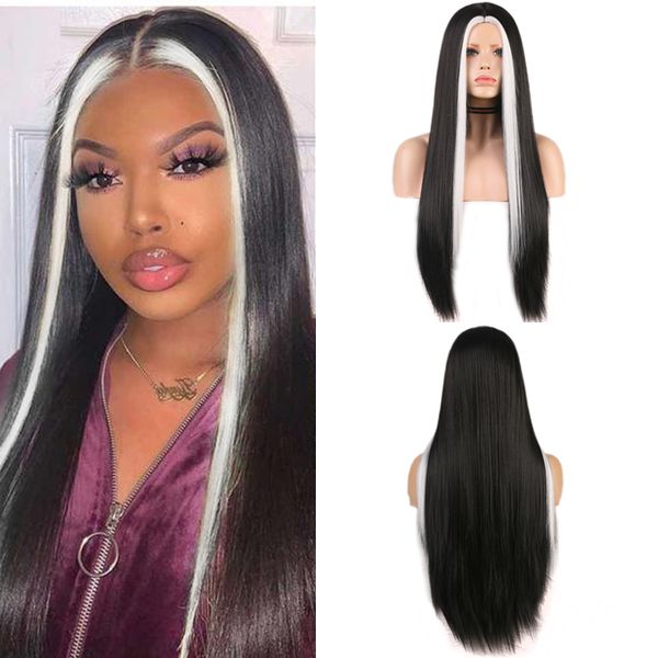 

costume accessories long straight synthetic wig black hair with white highlight high temperature fiber wigs for black women cosplay wigs, Silver