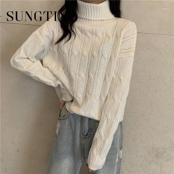

sungtin short twist turtleneck sweater women korean winter solid thicken pullovers black white casual vintage 2021 chic women's sweater, White;black