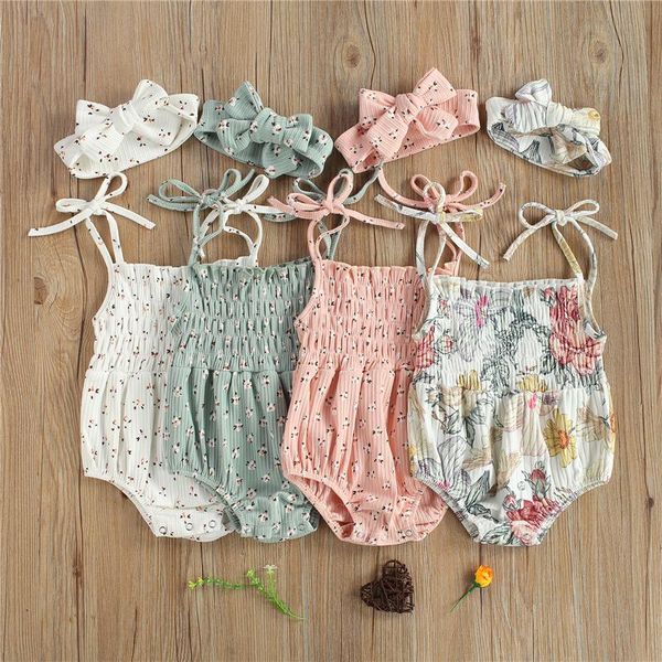 

rompers born baby girls outfits suits sleeveless floral printed bodysuit + bowknot headband summer clothes, Blue