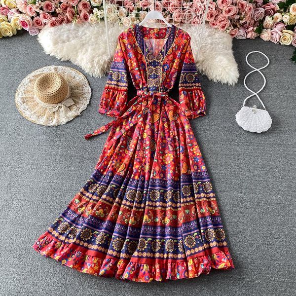

retro floral ethnic style v-neck lantern sleeve vestidos female travel beach seaside vacation bohemia midi dress 431 casual dresses, Black;gray