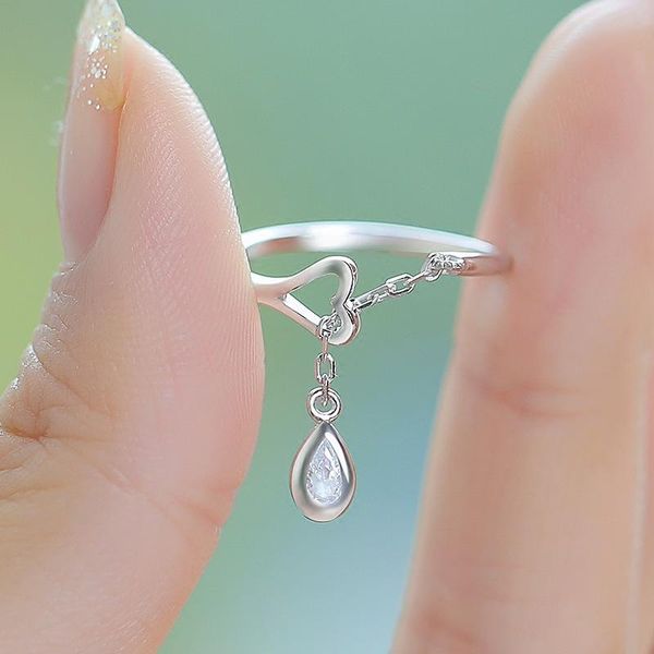 

cluster rings authentic 925 sterling silver color ring for women girl personality cute crystal water drop adjustable s925 jewelry, Golden;silver