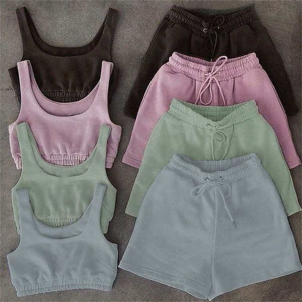

casual solid sportswear two piece sets women crop drawstring shorts matching set summer athleisure outfits 210623, White;black