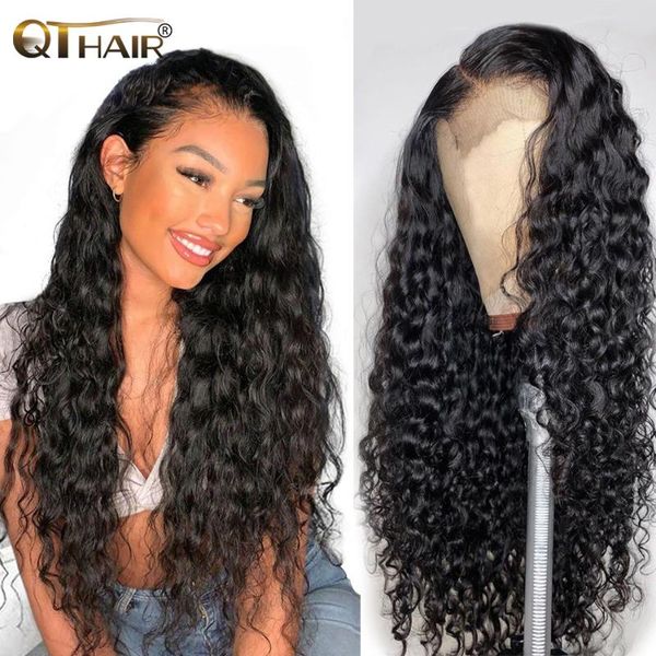 

lace wigs brazilian human hair water wave 4*1 closure wig t part remy from qt, Black;brown