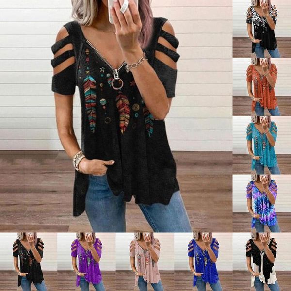 

women's t-shirt short sleeve shirt women summer female womens pullover short-sleeved shirts v-neck print zipper loose a5u7, White