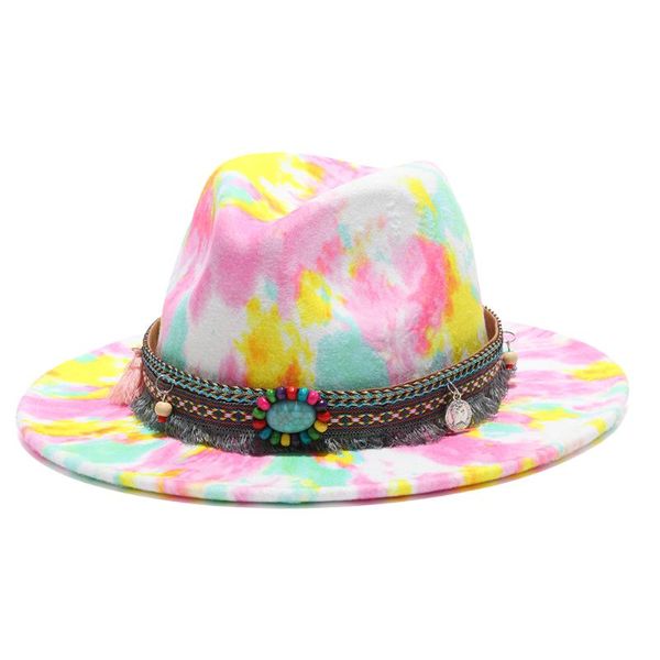 

wide brim hats 2021 fedora tie dye print jazz cap multicolor red green felted men women spring winter vintage, Blue;gray