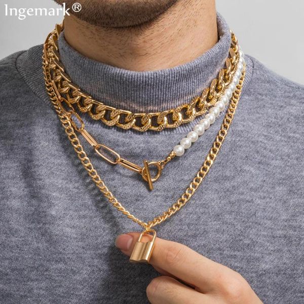 

pendant necklaces vintage baroque pearl necklace for women fashion multi layer lock lariat lasso chunky chain 2021 punk jewelry, Silver