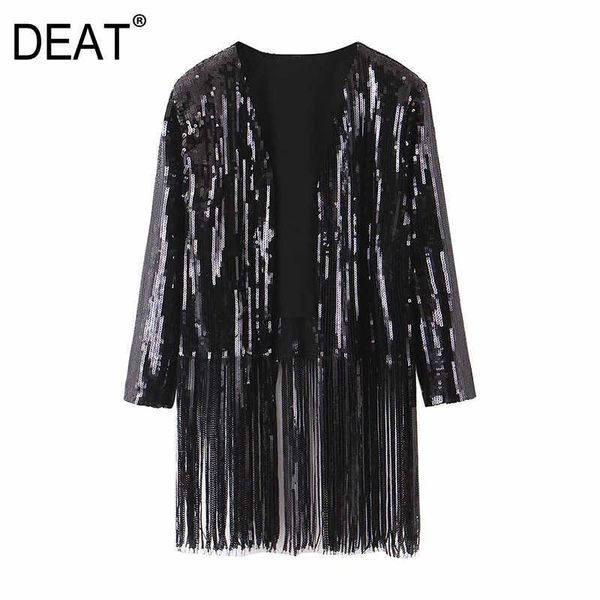 

[deat] loose fit sequins tassel cardigan jacket lapel long sleeve women coat fashion spring autumn 13t232 210527, Black;brown