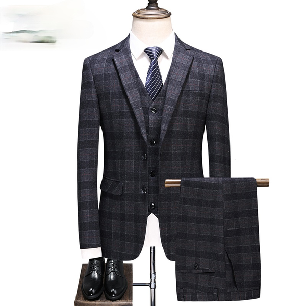 

tian qiong brand 3 pieces men wool plaid slim fit groom wedding suit man, Black