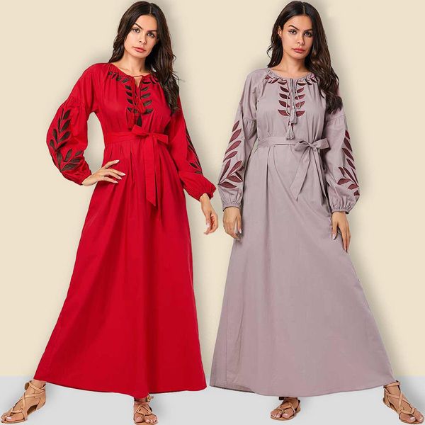 

women maxi a-line abaya dresses embroidery lace-up lantern sleeve kimono muslim long dress dubai turkish kaftan islamic clothing, Red