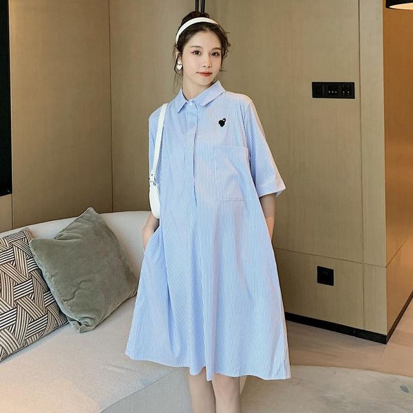 

maternity dresses 568# dress summer short sleeves turn down collar stripe loose stylish pregnant women mom, White