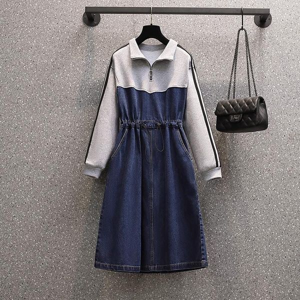 

casual dresses plus size chic women street hoodies denim dress 2021 fashion long sleeve sweatshirt patchwork jeans cloth big, Black;gray