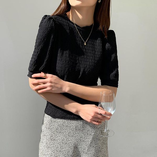 

women's t-shirt summer folds puff sleeve t shirt women french o-neck basic thin clothing femme slim tee pullover clothes mujer 2021, White