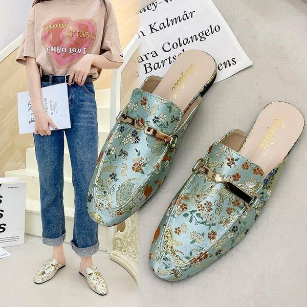 

slippers xixiyipin fashion floral embroidery luxury ladies outdoor mules slides for women 2021 summer golden metal woman shoes, Black