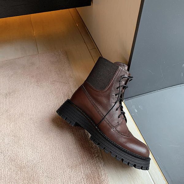 

boots genuine cow leather women's short british style knight women thick heel flat ankle, Black