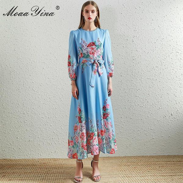 

casual dresses moaayina fashion designer runway dress spring autumn women lantern sleeve floral-print vacation lace up, Black;gray