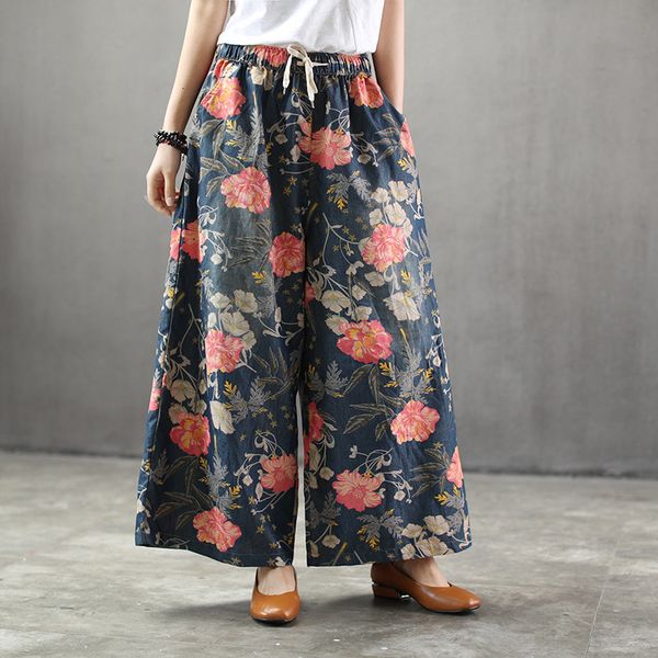 

women's jeans retro national style floral print denim trousers elastic drawstring waist casual pocket washed loose wide leg pants women, Blue
