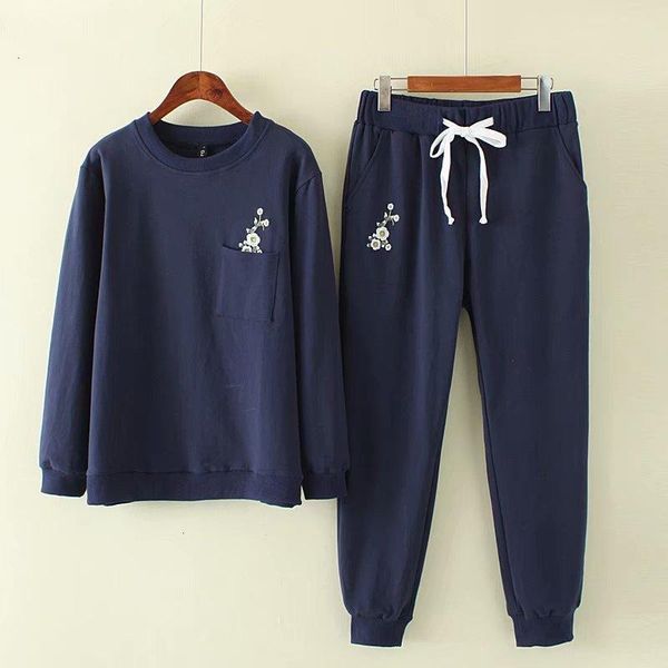 

two piece dress plus measurements in autumn dark grass & green blue cotton 2 set women o -neck and high waist broek, White