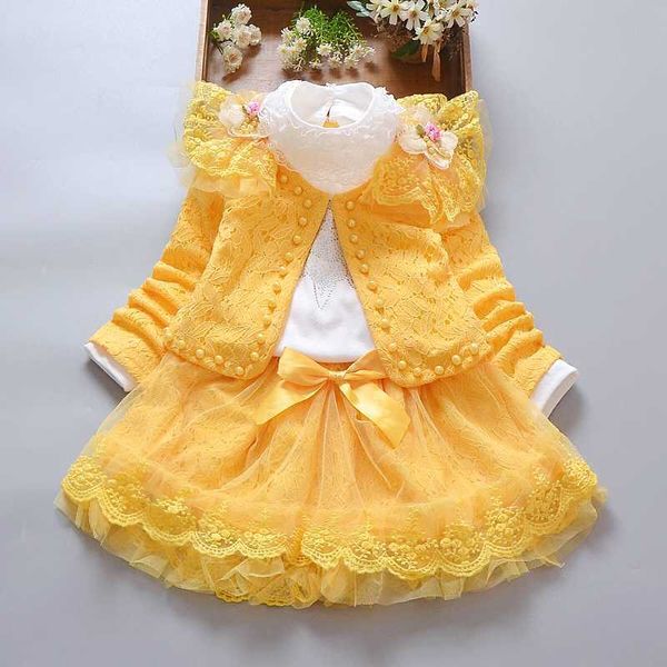 

1-8 years lovely kids girls clothing sets 3pcs short outwear jacket+long sleeve shirt+skirts new autumn toddler girls suits b333 y0909, White